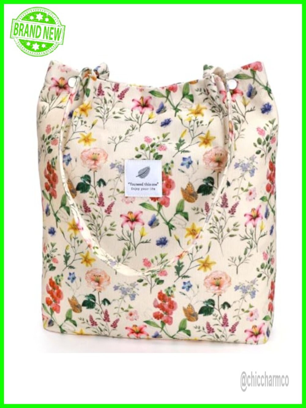 Corduroy Tote Bag Canvas Shoulder Purse Inner Pocket Rectangular Satchel